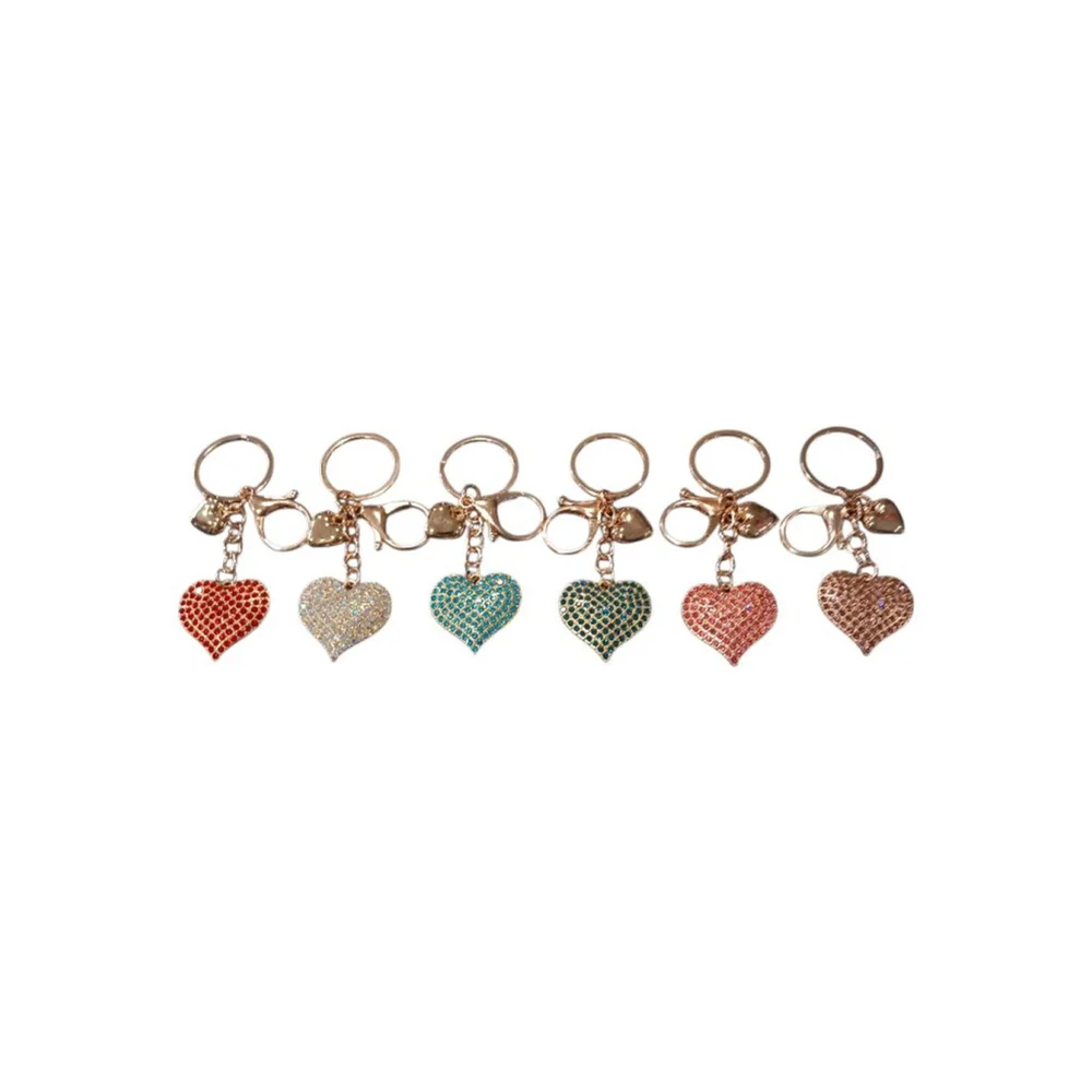 SET Of 6! Dazzling Rhinestone Heart Keychain Purse Charm Gold Tone